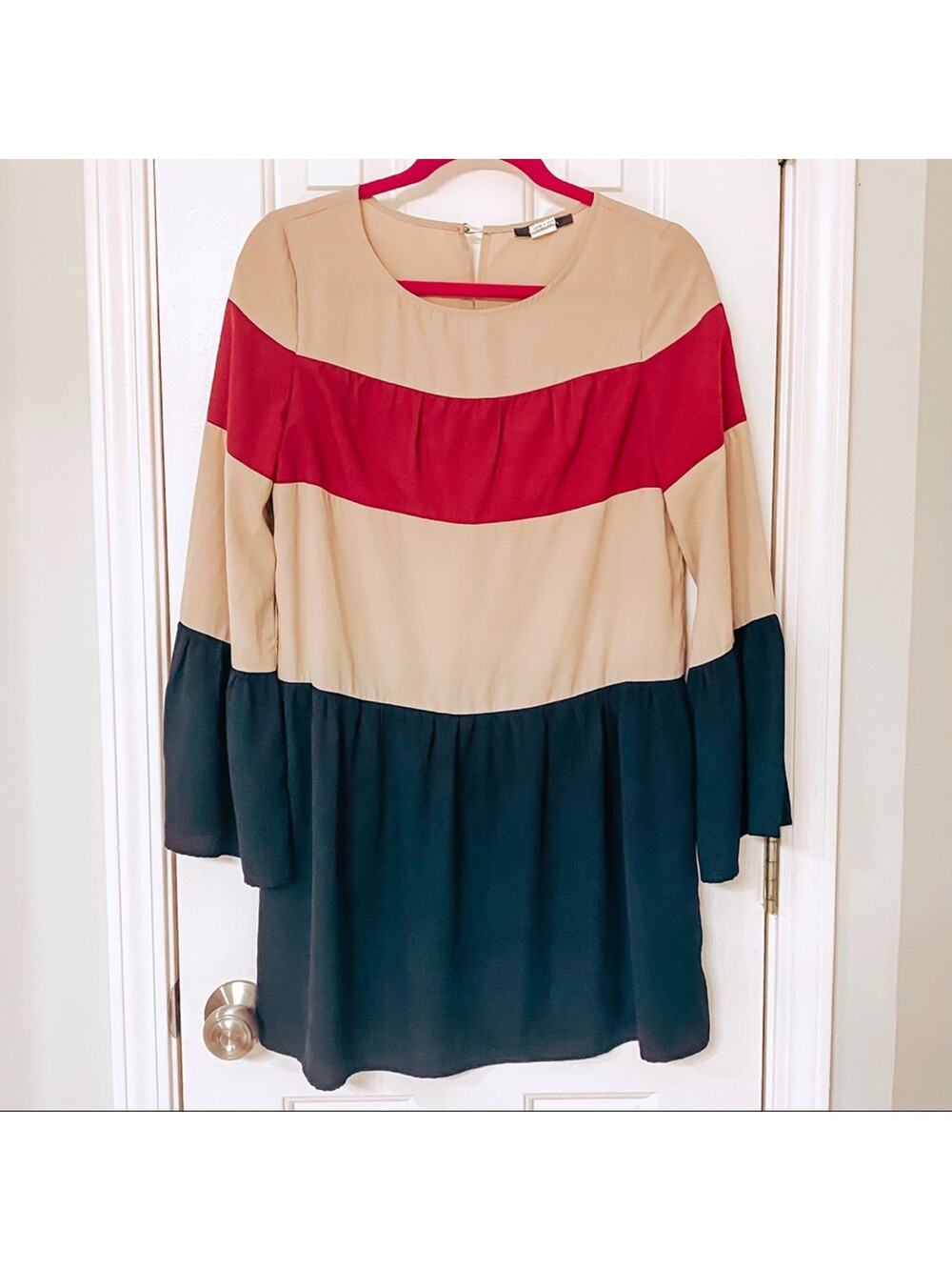 WEST 36TH • Tan | Navy | Red Striped Bell Sleeve Dress